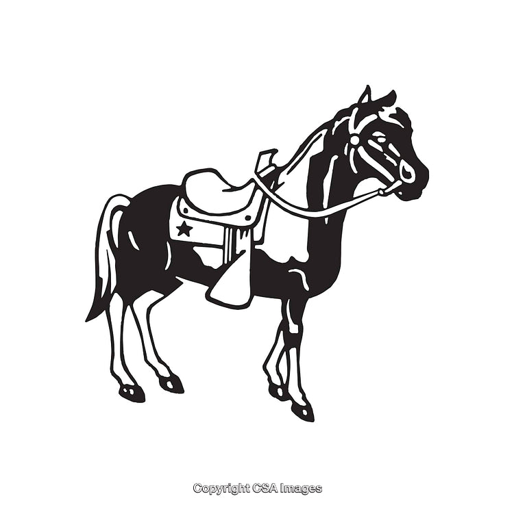Black and White Illustration of a Horse with Saddle in Profile