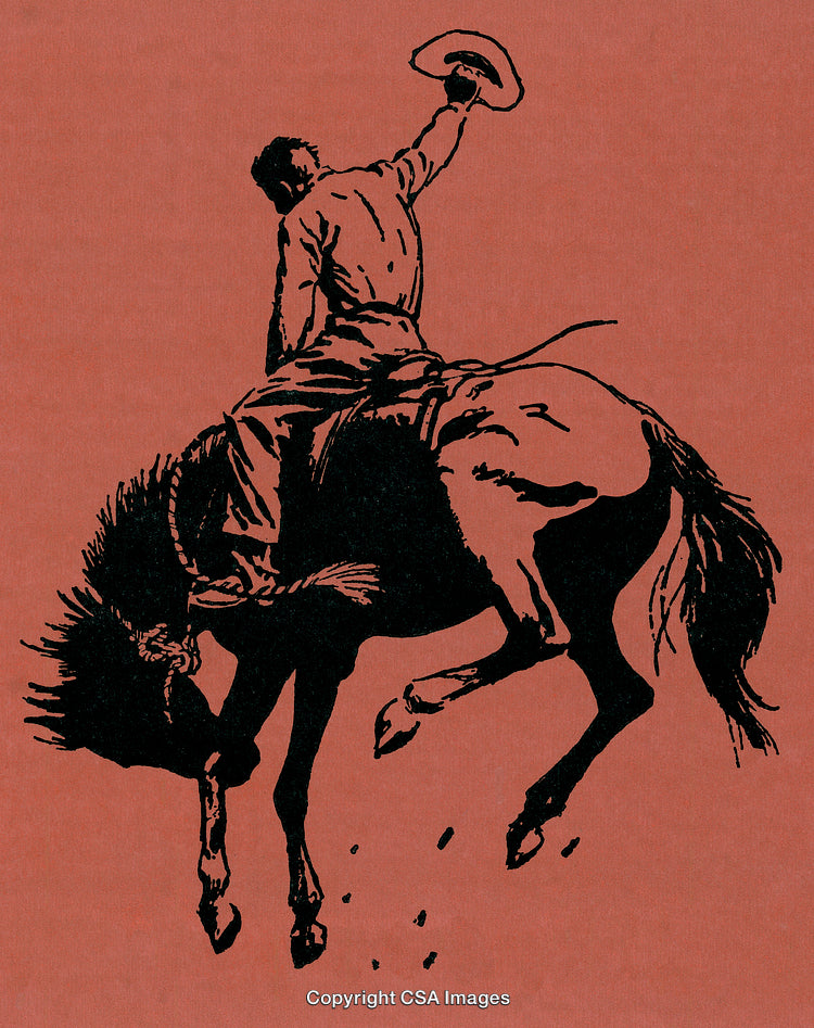 Silhouette of Cowboy Riding a Bucking Horse in Action on Red Background