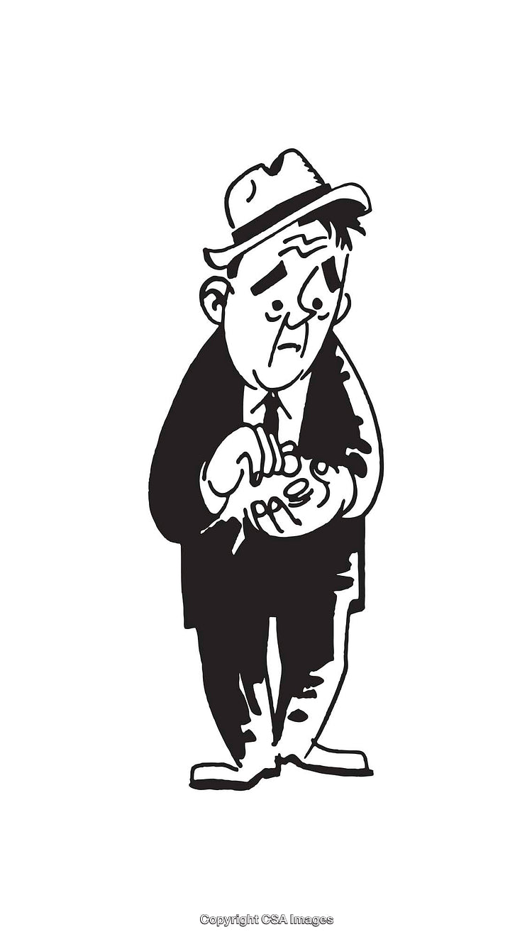 Vintage Black and White Illustration of Concerned Man in Hat