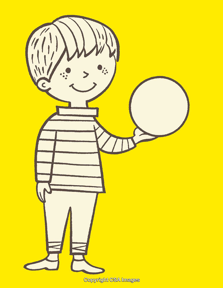 Smiling Child Holding a Ball in Minimalist Yellow Illustration