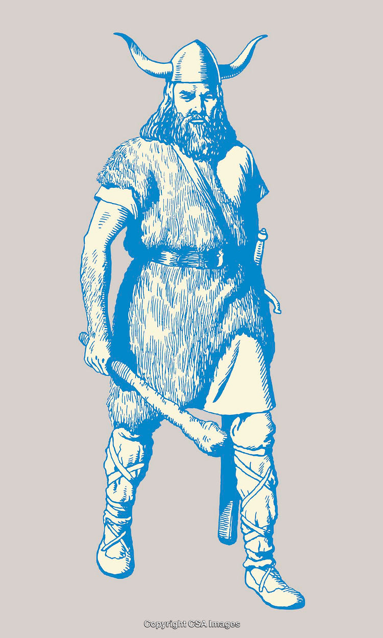 Blue Line Art Illustration of a Viking Warrior in Traditional Outfit
