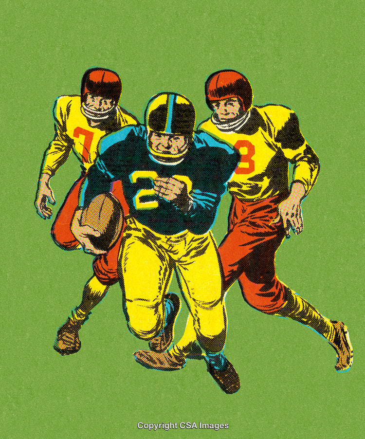 Vintage Comic Illustration of Football Players in Action on Green Background