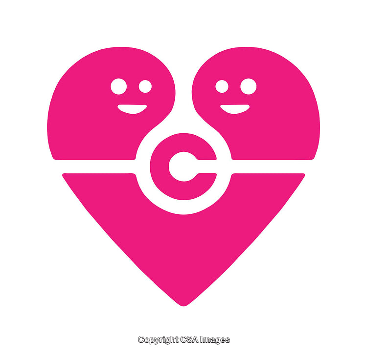 Pink Heart Logo with Smiling Characters and Embracing Gesture