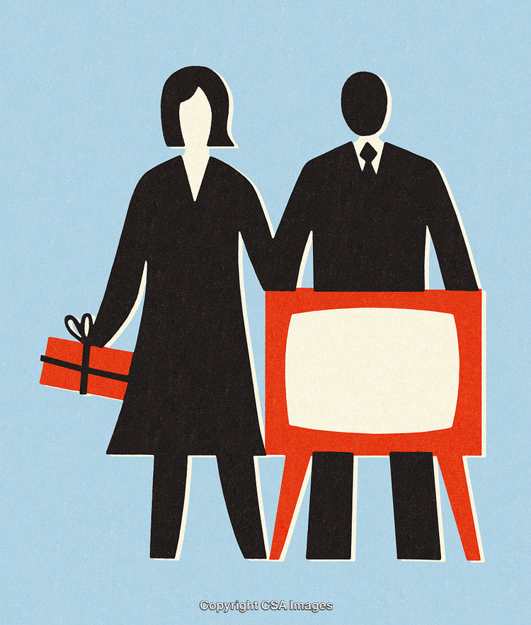 Stylized Illustration of a Couple with Gift Box and Retro Television