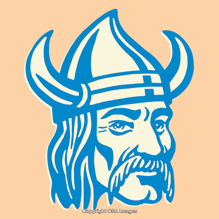 Blue Viking Illustration Featuring Horned Helmet on Light Background