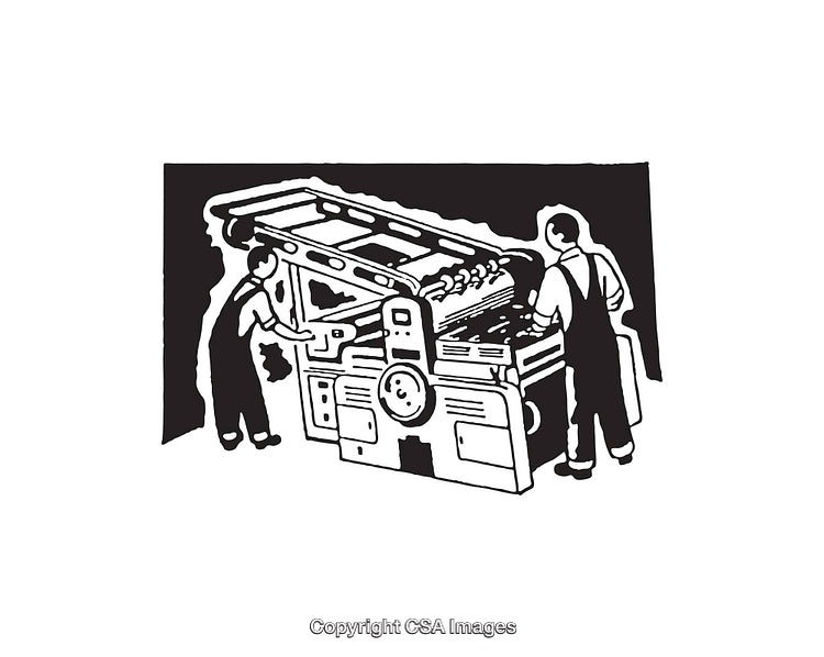 Vintage Illustration of Printing Press Operators in Black and White Line Art