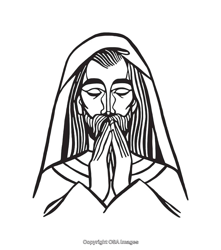 Black and White Line Art Depicting Praying Individual in Meditative Pose