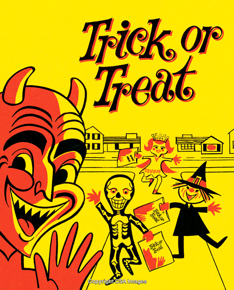 Vintage Halloween Illustration Featuring Trick-Or-Treating Children and Devil Mask
