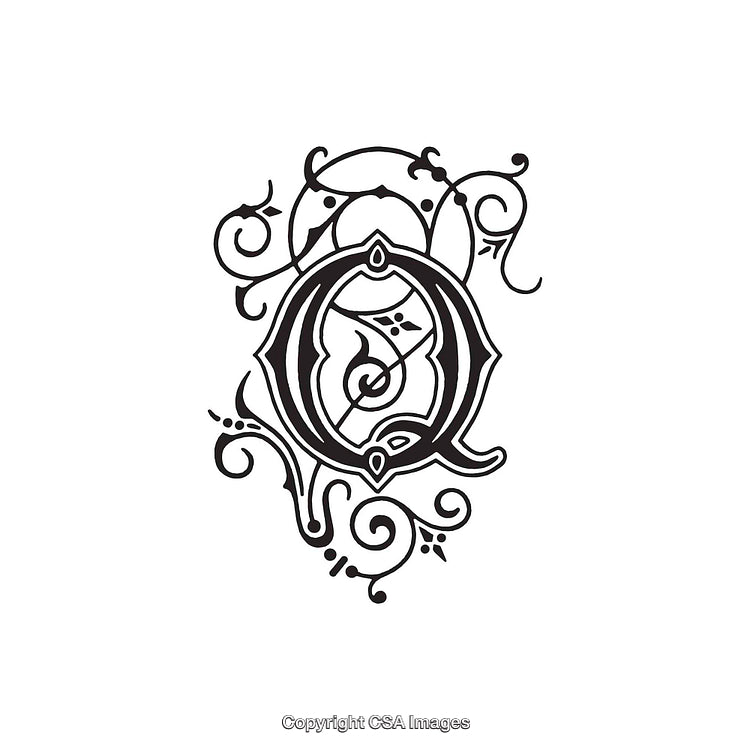 Ornate Calligraphic Letter Q with Decorative Design Elements in Black Ink