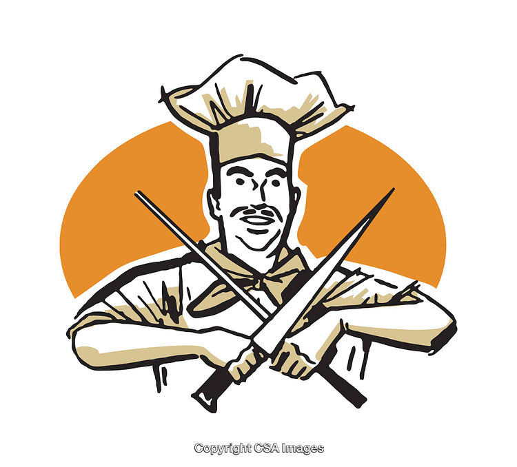 Colorful Illustration of a Chef Holding Knives in a Cross Position
