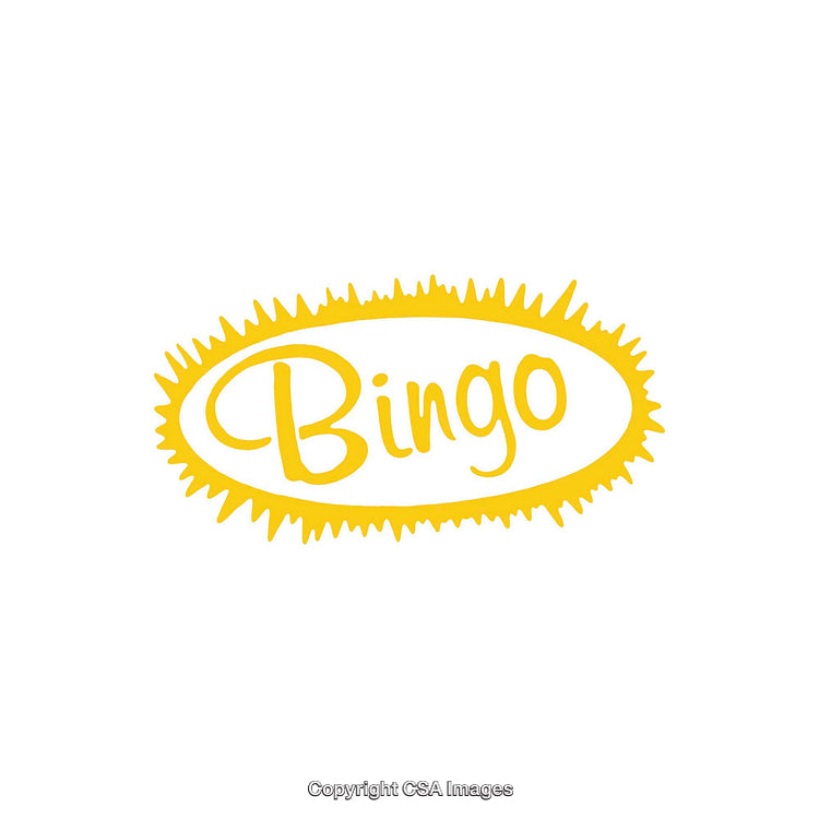 Yellow Bingo Word Art with Sunburst Design on White Background
