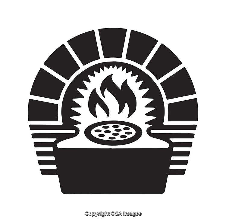 Vintage Black and White Illustration of a Pizza in Brick Oven
