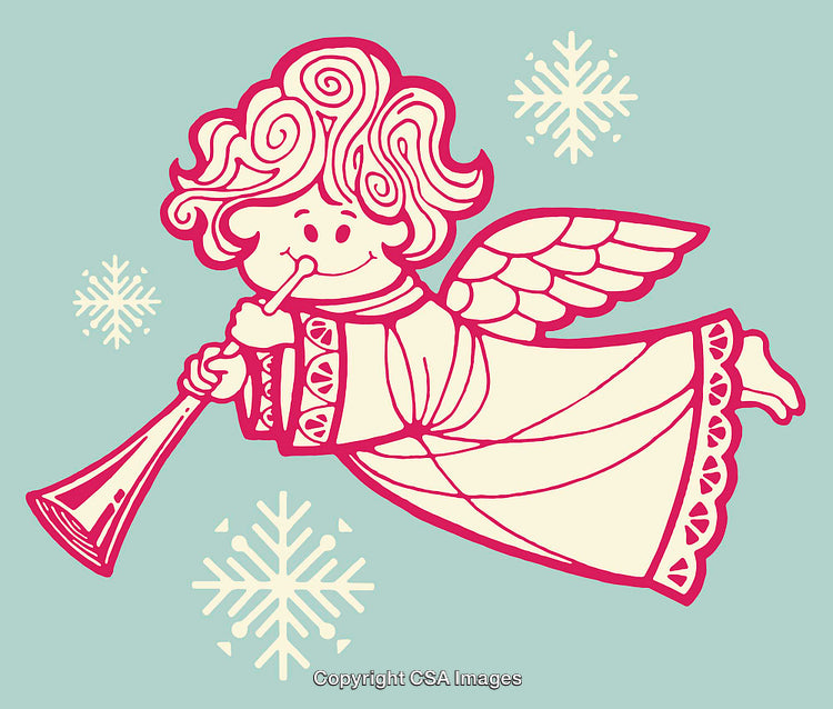 Vintage Illustration of Angel with Trumpet Surrounded by Snowflakes