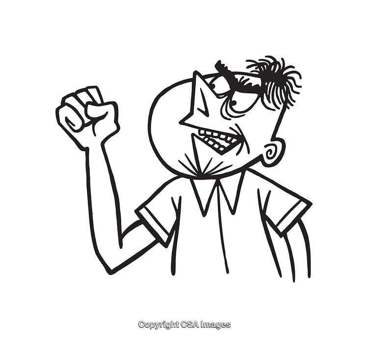 Black and White Cartoon Style Illustration of Angry Man Raising Fist