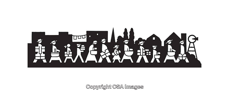 Silhouetted Community Procession Line Art Depicting Day-to-Day Life