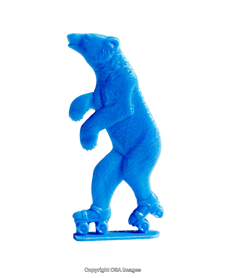 Blue Plastic Bear Figurine Wearing Roller Skates on a White Background