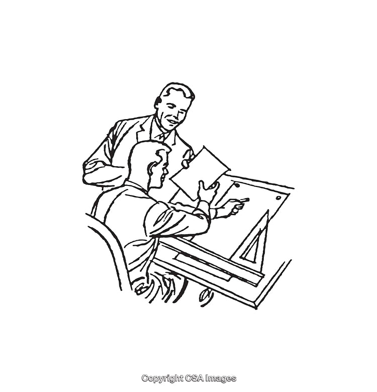 Line Art Illustration of Business Meeting Discussing Draft Designs