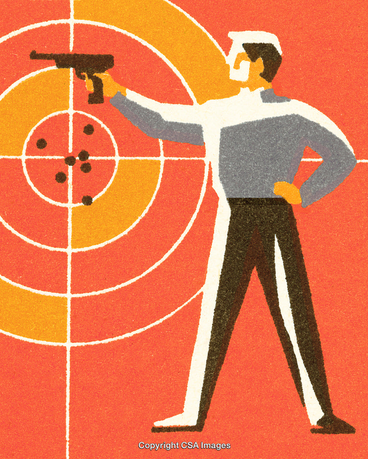 Stylized Illustration of a Man Target Shooting at a Large Bullseye