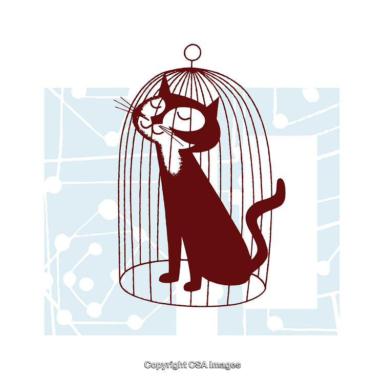 Illustration of a Cat Relaxing Calmly Inside a Birdcage