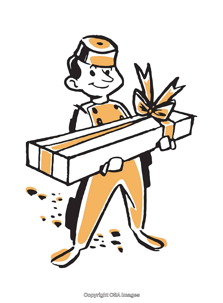 Cartoon Bellboy Holding a Wrapped Gift in a Cheerful Greeting Pose