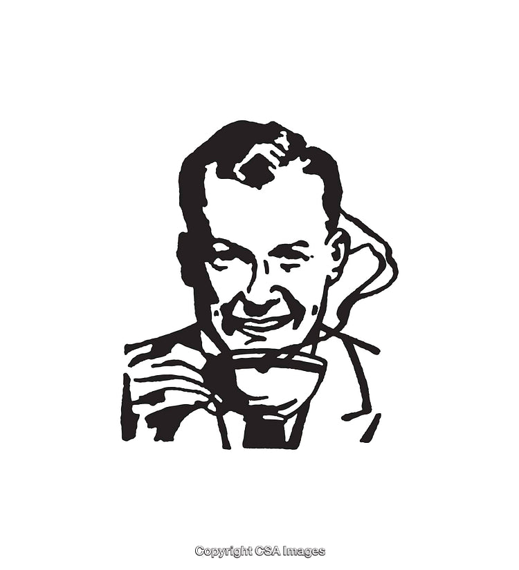 Retro-Style Black and White Art of a Man Enjoying a Warm Beverage