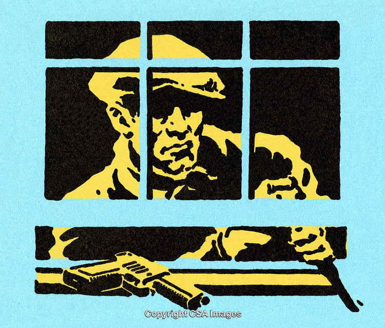 Silhouette of a Man with Hat Holding Rifle Seen Through Window