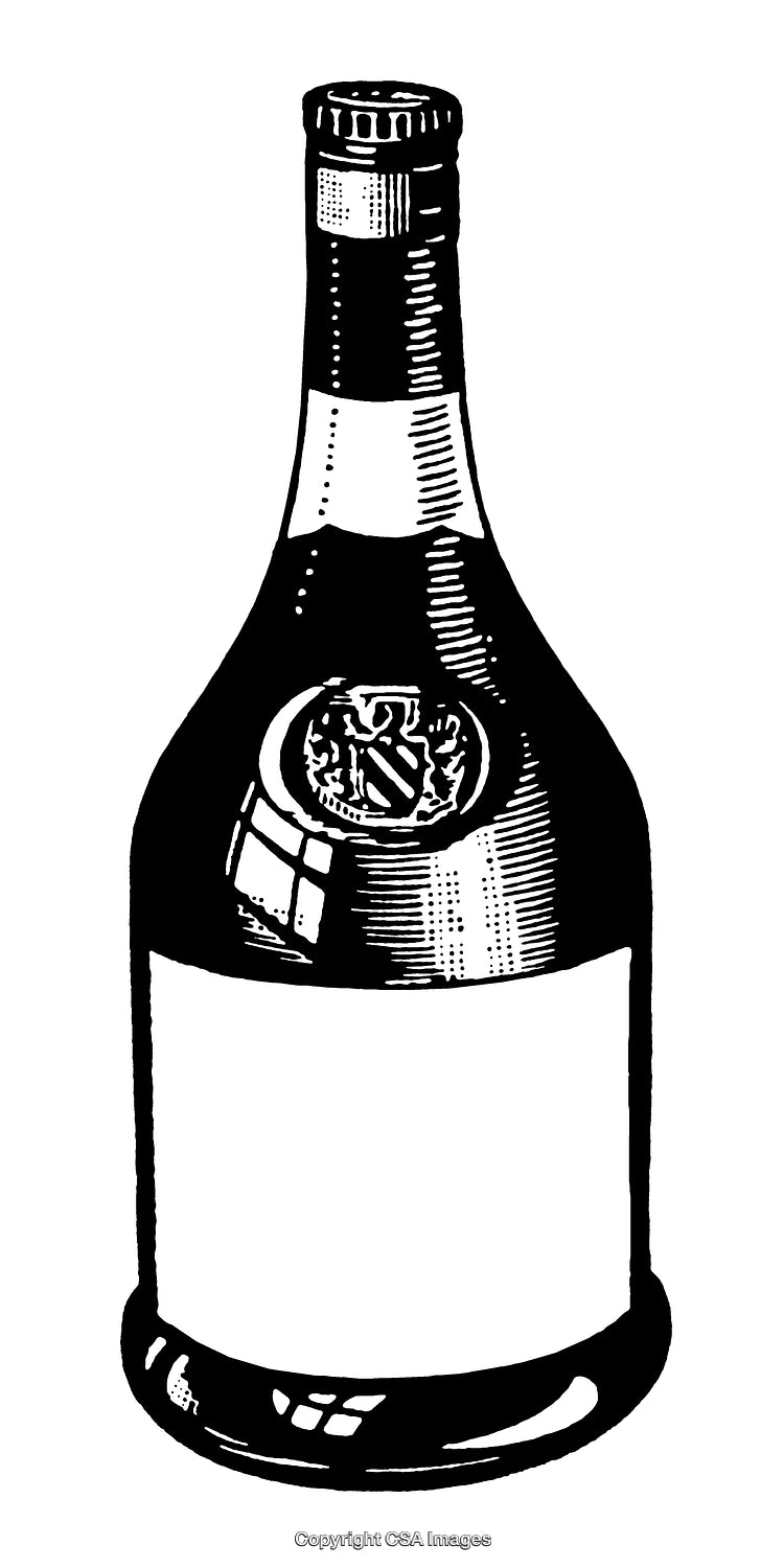 Black and White Engraved Illustration of a Wine Bottle With Blank Label