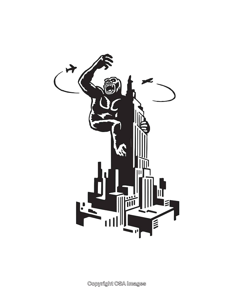 Black and White City Skyline With Giant Gorilla Illustration