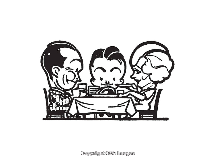 Family Dining Together Around a Table in Black and White Illustration