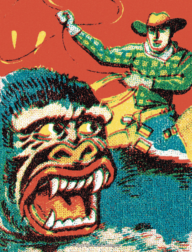 Retro Style Illustration of Cowboy Lassoing a Fearsome Gorilla