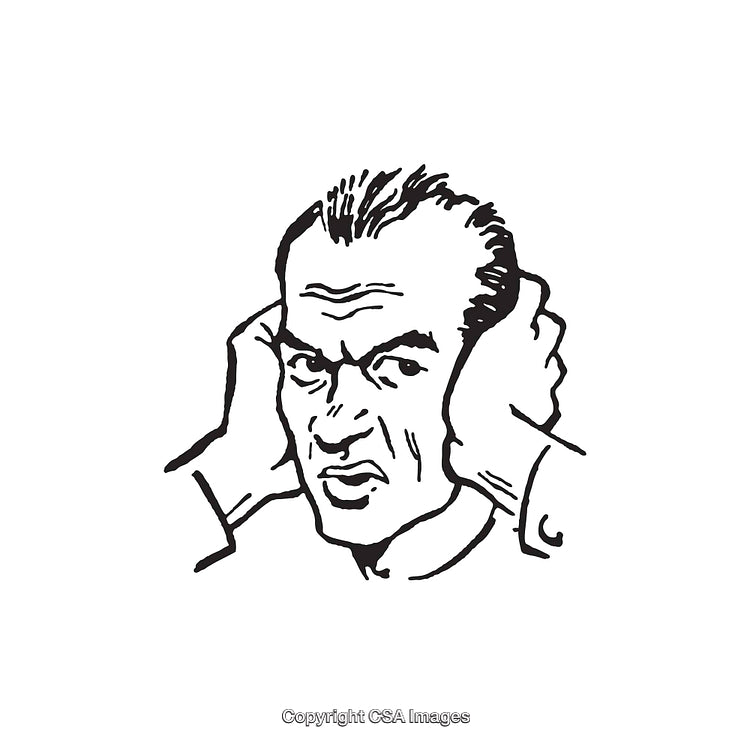 Black and White Line Art Illustration of a Frustrated Man Covering Ears