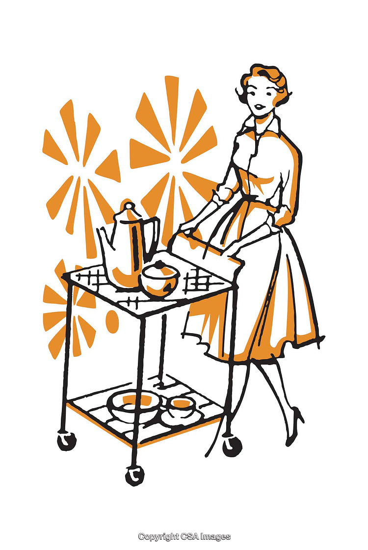 Retro Illustration of Woman Serving Coffee with a Cart