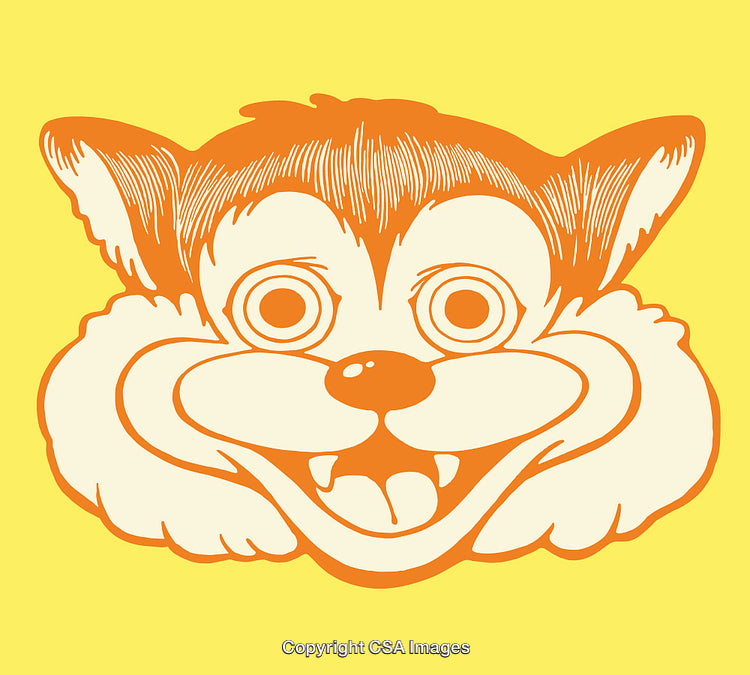 Bright Cartoon Illustration of a Smiling Cat Face on Yellow Background