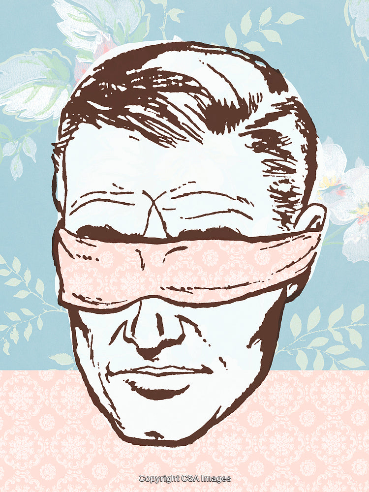 Retro Styled Blindfolded Man Over Vintage Floral Artistic Background
