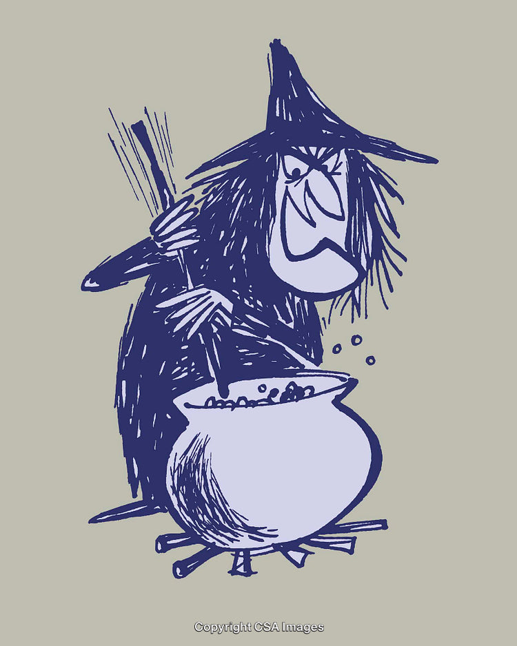 Whimsical Witch Stirring a Boiling Cauldron in Line Art Style