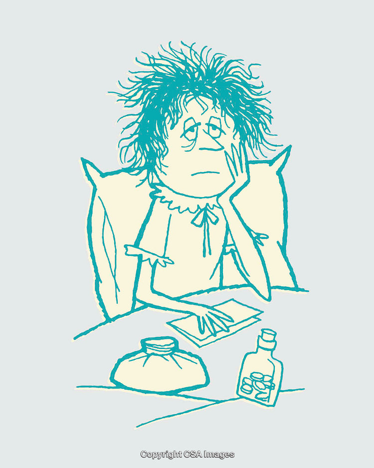 Illustration of a Disheveled Sick Person with Medicine and a Hot Water Bag
