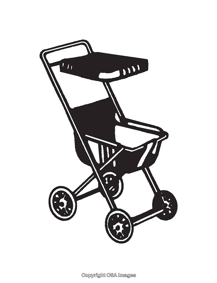 Black and White Line Art Illustration of a Baby Stroller Design