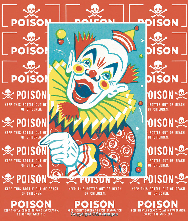 Colorful Clown Illustration on a Poison Label Background with Warning Text
