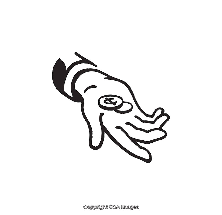 Black and White Line Art Illustration of a Hand Holding Coins