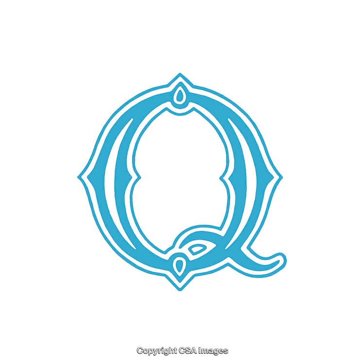 Ornate Blue Letter Q in Decorative Victorian Typography Design