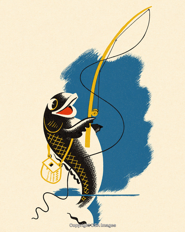 Playful Fish Illustration With Fishing Rod and Basket in Retro Style