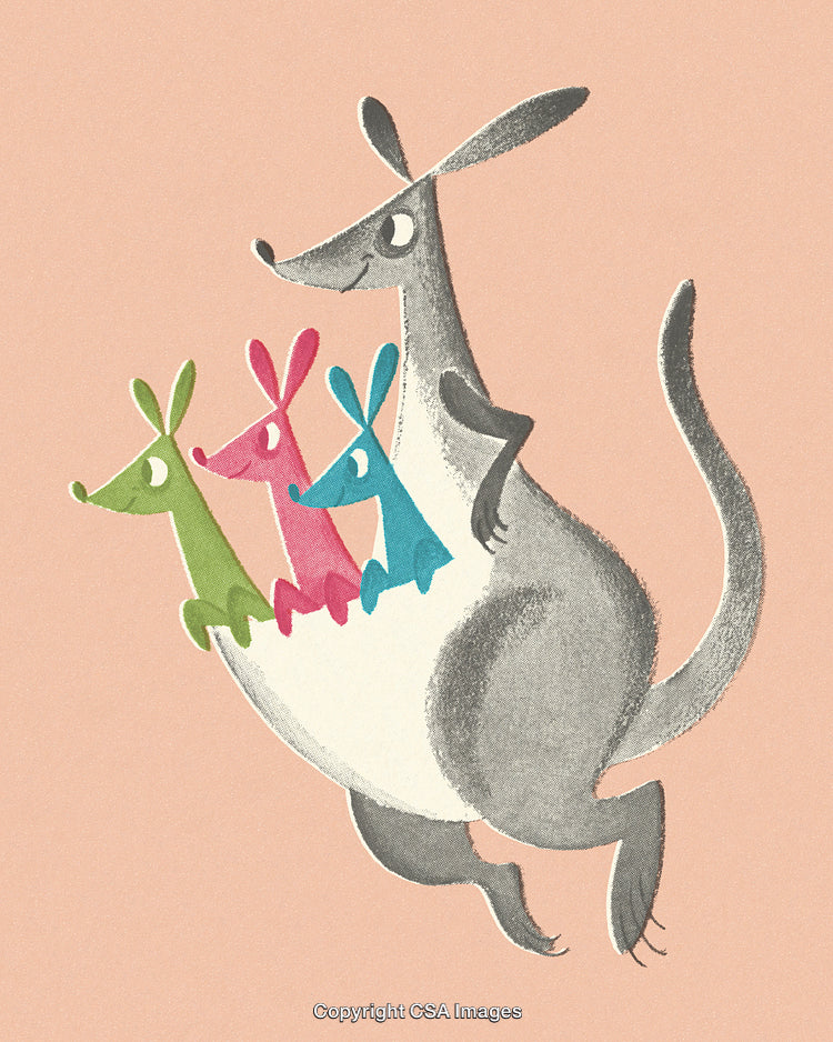 Whimsical Kangaroo Family Illustration with Vibrant Colored Joeys in Pastel Background