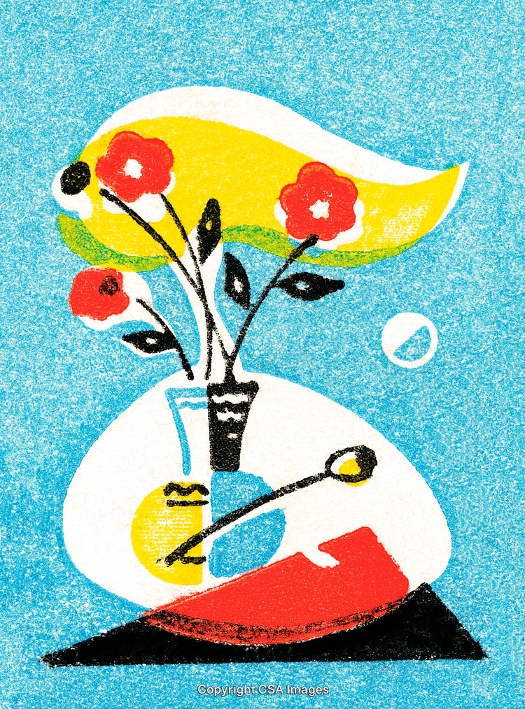 Abstract Still Life With Vibrant Florals and Geometric Patterns