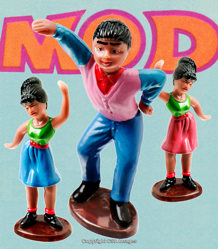 Colorful Retro-Style Plastic Figures Dancing Enthusiastically with Fun Expressions