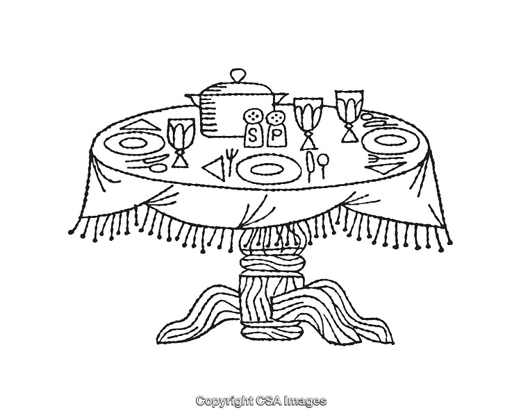 Black and White Line Drawing of a Table Elegantly Set for Dining