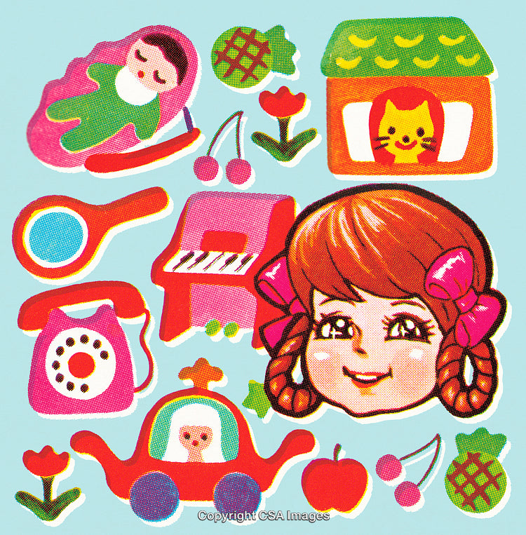 Colorful Retro-Style Collage with Toys, Fruits, and Playful Illustrations