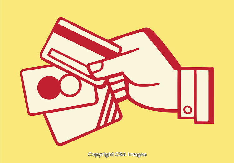 Illustration of Hand Holding Credit Cards on Yellow Background