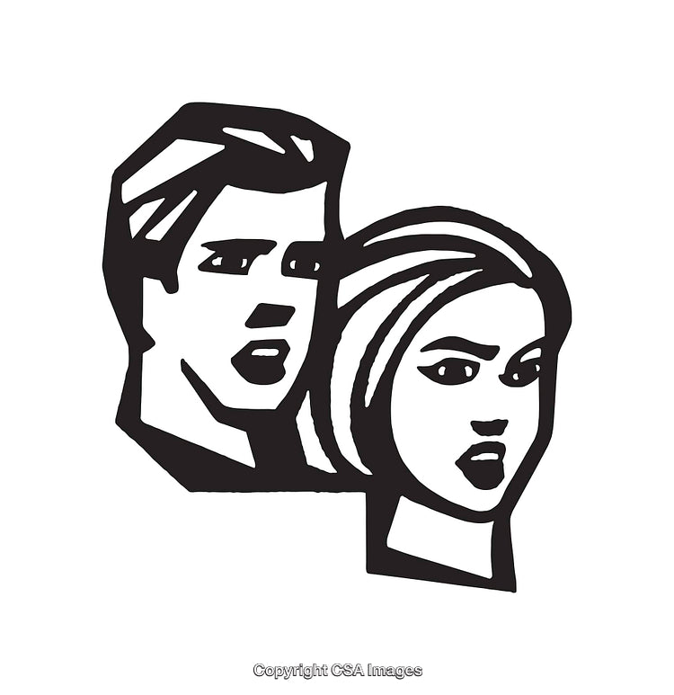Black and White Line Art Illustration of a Serious Male and Female Duo