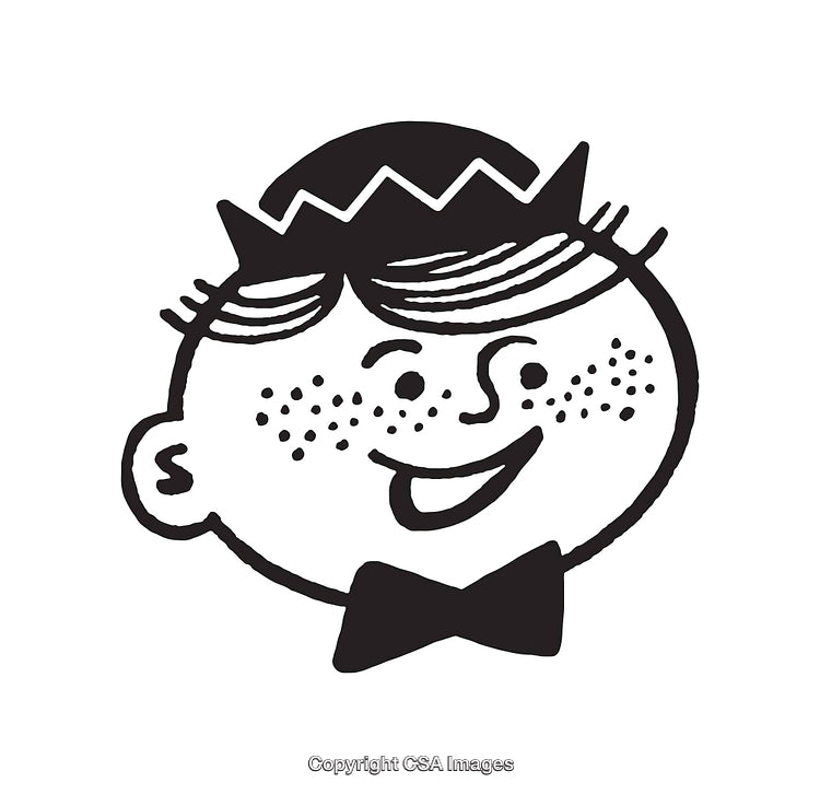 Black And White Illustration of a Happy Cartoon Character with a Bow Tie