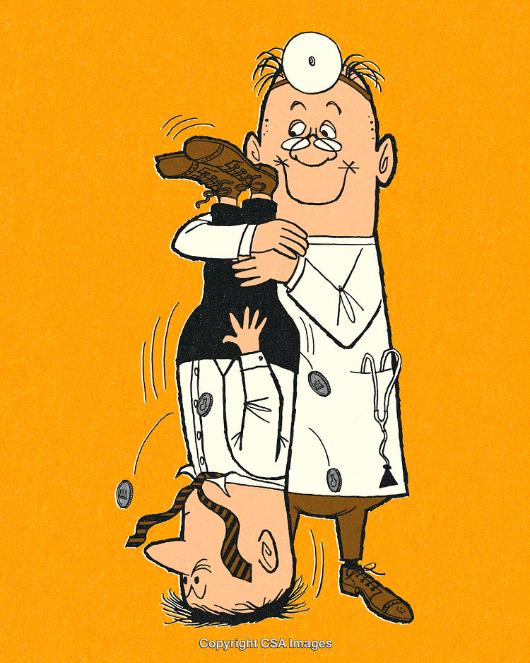 Humorous Cartoon Depicting a Doctor Holding an Upside-Down Patient for Laughs